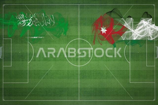 مباراة كرة القدم بين السعودية والأردن، ألوان العلم الوطني، أعلام الدول، ملعب كرة قدم، مباراة كرة قدم، مفهوم المنافسة، مساحة فارغة