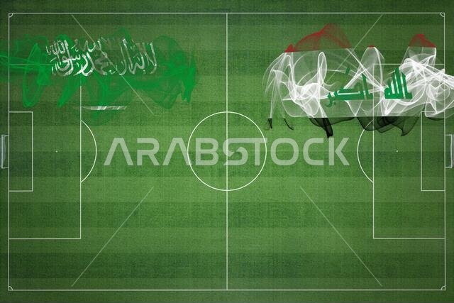 مباراة كرة القدم بين السعودية والعراق، ألوان العلم الوطني، أعلام الدول، ملعب كرة قدم، مباراة كرة قدم، مفهوم المنافسة، مساحة فارغة