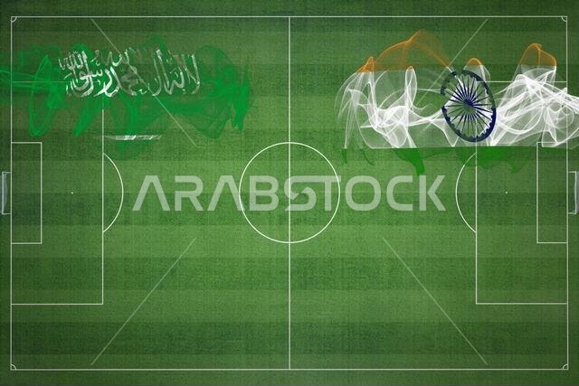Saudi Arabia vs India Soccer Match, national colors, national flags, soccer field, football game, Competition concept, Copy space