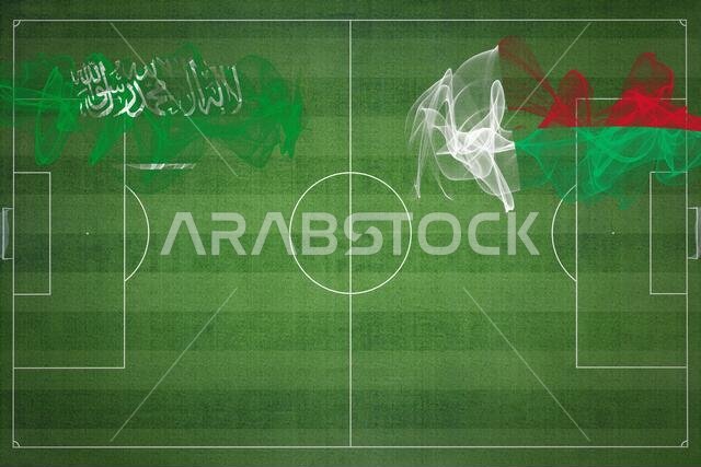 Saudi Arabia vs Madagascar Soccer Match, national colors, national flags, soccer field, football game, Competition concept, Copy space