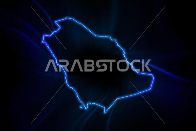 Glowing Map of Saudi Arabia, modern blue outline map, on dark Background