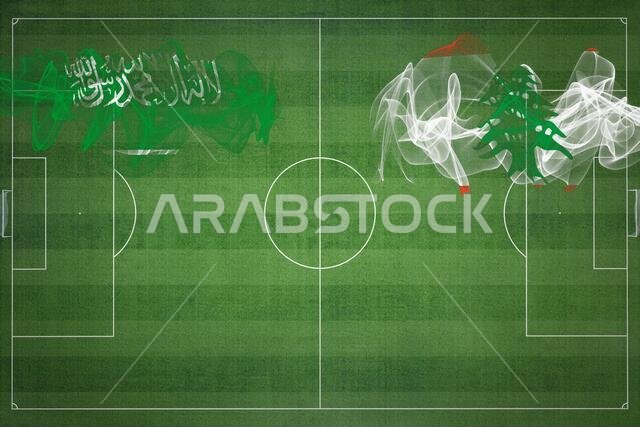 Saudi Arabia vs Lebanon Soccer Match, national colors, national flags, soccer field, football game, Competition concept, Copy space