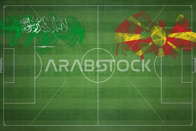 Saudi Arabia vs North Macedonia Soccer Match, national colors, national flags, soccer field, football game, Competition concept, Copy space