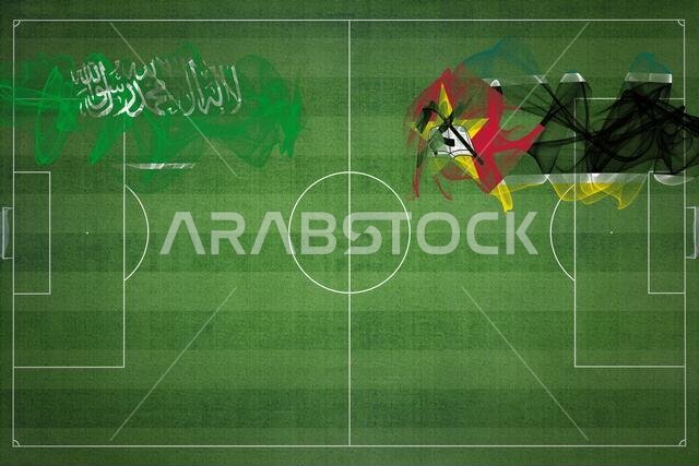 Saudi Arabia vs Mozambique Soccer Match, national colors, national flags, soccer field, football game, Competition concept, Copy space