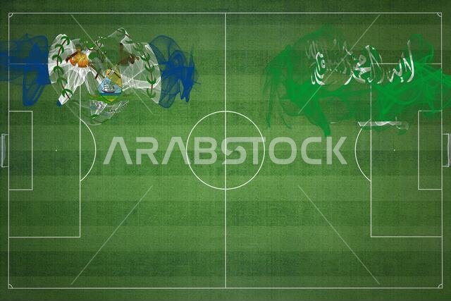 Belize vs Saudi Arabia Soccer Match, national colors, national flags, soccer field, football game, Competition concept, Copy space