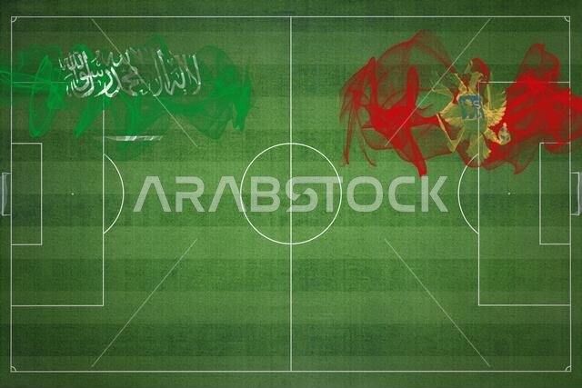 Saudi Arabia vs Montenegro Soccer Match, national colors, national flags, soccer field, football game, Competition concept, Copy space