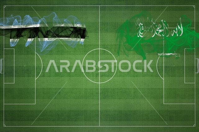 مباراة كرة القدم بين بوتسوانا والسعودية، الألوان الوطنية، الأعلام الوطنية، ملعب كرة القدم، مباراة كرة القدم، مفهوم المنافسة، مساحة فارغة