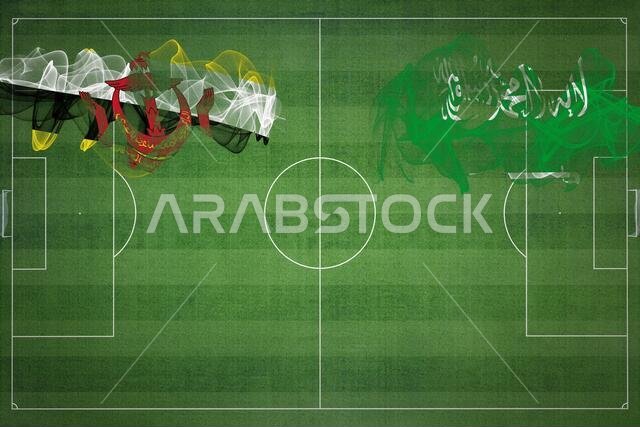Brunei vs Saudi Arabia Soccer Match, national colors, national flags, soccer field, football game, Competition concept, Copy space