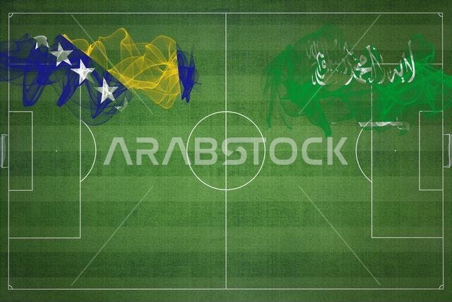 مباراة كرة القدم بين البوسنة والهرسك والسعودية، الألوان الوطنية، الأعلام الوطنية، ملعب كرة القدم، مباراة كرة القدم، مفهوم المنافسة، مساحة فارغة