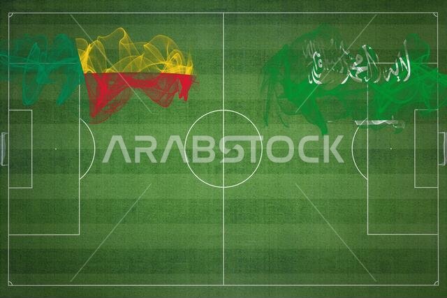 Benin vs Saudi Arabia Soccer Match, national colors, national flags, soccer field, football game, Competition concept, Copy space