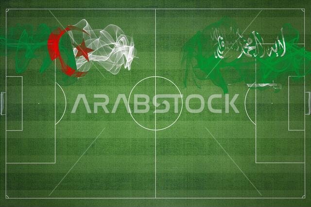 مباراة كرة القدم بين الجزائر والسعودية، الألوان الوطنية، الأعلام الوطنية، ملعب كرة القدم، مباراة كرة القدم، مفهوم المنافسة، مساحة فارغة