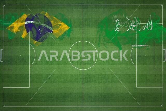 مباراة كرة القدم بين البرازيل والسعودية، ألوان العلم الوطني، أعلام الدول، ملعب كرة قدم، مباراة كرة قدم، مفهوم المنافسة، مساحة فارغة