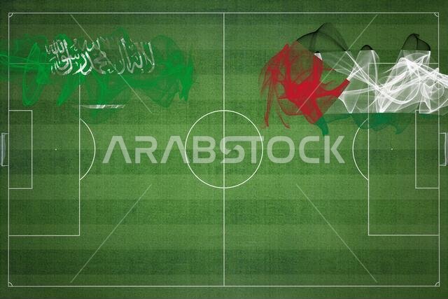 مباراة كرة القدم بين السعودية وفلسطين، ألوان العلم الوطني، أعلام الدول، ملعب كرة قدم، مباراة كرة قدم، مفهوم المنافسة، مساحة فارغة
