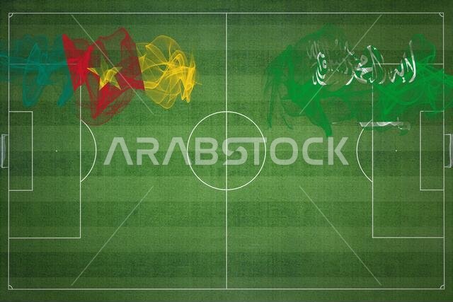 مباراة كرة القدم بين الكاميرون والسعودية، الألوان الوطنية، الأعلام الوطنية، ملعب كرة القدم، مباراة كرة القدم، مفهوم المنافسة، مساحة فارغة