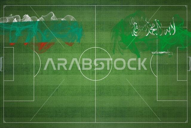 Bulgaria vs Saudi Arabia Soccer Match, national colors, national flags, soccer field, football game, Competition concept, Copy space