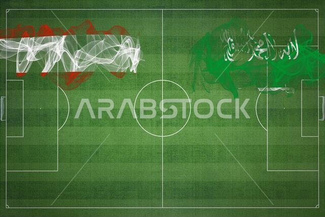 مباراة كرة قدم بين النمسا والسعودية، ألوان العلم الوطني، أعلام الدول، ملعب كرة قدم، مباراة كرة قدم، مفهوم المنافسة، مساحة فارغة