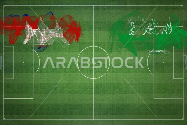 مباراة كرة قدم بين كمبوديا والسعودية، ألوان العلم الوطني، أعلام وطنية، ملعب كرة قدم، مباراة كرة قدم، مفهوم المنافسة، مساحة فارغة