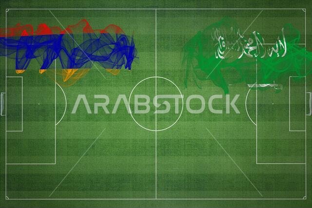 مباراة كرة قدم بين أرمينيا والسعودية، ألوان العلم الوطني، أعلام الدول، ملعب كرة قدم، مباراة كرة قدم، مفهوم المنافسة، مساحة فارغة