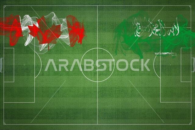 مباراة كرة قدم بين كندا والسعودية، ألوان العلم الوطني، أعلام وطنية، ملعب كرة قدم، مباراة كرة قدم، مفهوم المنافسة، مساحة فارغة