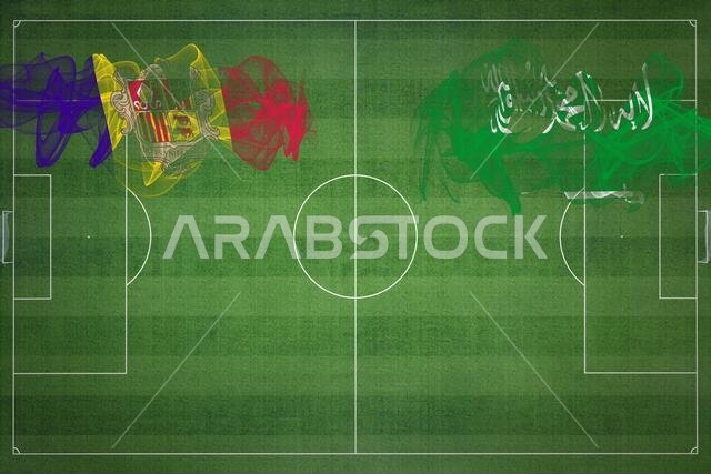مباراة كرة القدم بين أندورا والسعودية، ألوان العلم الوطني، أعلام الدول، ملعب كرة قدم، مباراة كرة قدم، مفهوم المنافسة، مساحة فارغة
