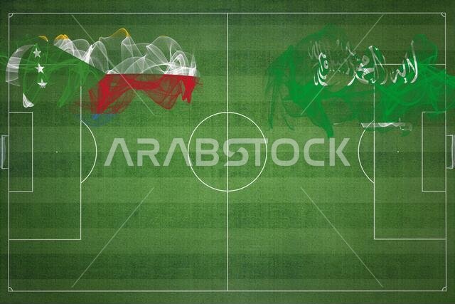 مباراة كرة القدم بين جزر القمر والمملكة العربية السعودية، الألوان الوطنية، الأعلام الوطنية، ملعب كرة القدم، مباراة كرة القدم، مفهوم المنافسة، مساحة فارغة