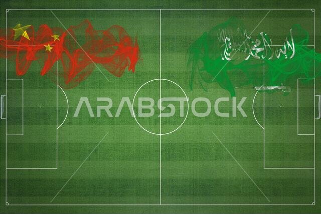 China vs Saudi Arabia Soccer Match, national colors, national flags, soccer field, football game, Competition concept, Copy space