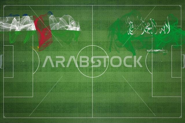 مباراة كرة قدم بين جمهورية أفريقيا الوسطى والمملكة العربية السعودية، ألوان العلم الوطني، أعلام الدول، ملعب كرة قدم، مباراة كرة قدم، مفهوم المنافسة، مساحة فارغة
