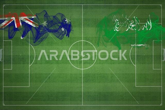 مباراة كرة قدم بين أستراليا والسعودية، ألوان العلم الوطني، أعلام الدول، ملعب كرة قدم، مباراة كرة قدم، مفهوم المنافسة، مساحة فارغة