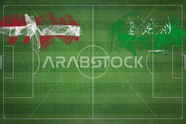 Denmark vs Saudi Arabia Soccer Match, national colors, national flags, soccer field, football game, Competition concept, Copy space