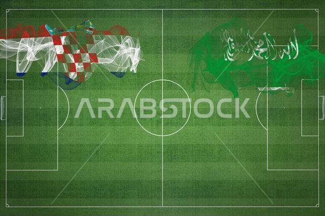 Croatia vs Saudi Arabia Soccer Match, national colors, national flags, soccer field, football game, Competition concept, Copy space