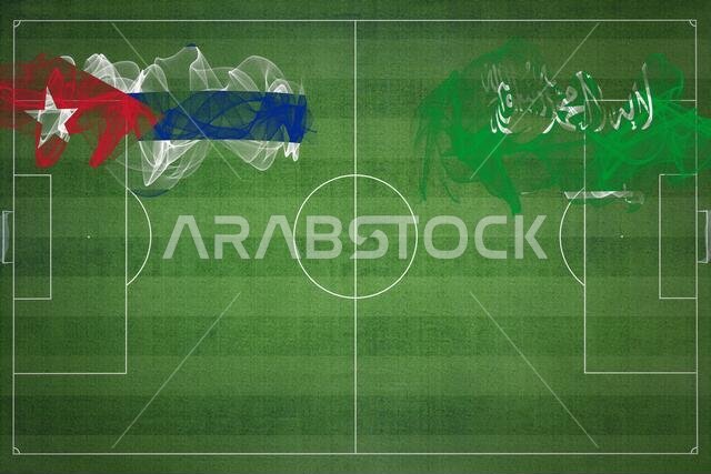 مباراة كرة قدم بين كوبا والسعودية، ألوان العلم الوطني، أعلام وطنية، ملعب كرة قدم، مباراة كرة قدم، مفهوم المنافسة، مساحة فارغة