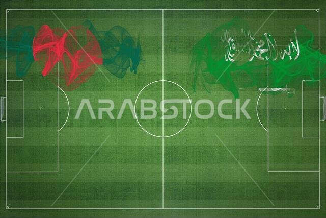 مباراة كرة القدم بين بنغلاديش والسعودية، الألوان الوطنية، الأعلام الوطنية، ملعب كرة القدم، مباراة كرة القدم، مفهوم المنافسة، مساحة فارغة