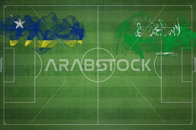 Curacao vs Saudi Arabia Soccer Match, national colors, national flags, soccer field, football game, Competition concept, Copy space