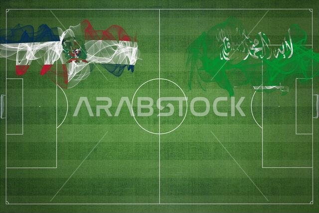 Dominican Republic vs Saudi Arabia Soccer Match, national colors, national flags, soccer field, football game, Competition concept, Copy space