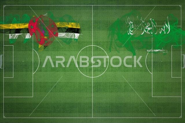 Dominica vs Saudi Arabia Soccer Match, national colors, national flags, soccer field, football game, Competition concept, Copy space