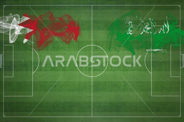 Bahrain vs Saudi Arabia Soccer Match, national colors, national flags, soccer field, football game, Competition concept, Copy space