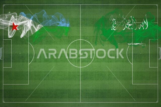 مباراة كرة القدم بين جيبوتي والسعودية، الألوان الوطنية، الأعلام الوطنية، ملعب كرة القدم، مباراة كرة القدم، مفهوم المنافسة، مساحة فارغة