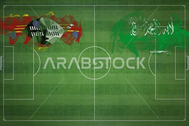 مباراة كرة القدم بين إسواتيني والسعودية، الألوان الوطنية، الأعلام الوطنية، ملعب كرة القدم، مباراة كرة القدم، مفهوم المنافسة، مساحة فارغة