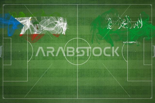 Equatorial Guinea vs Saudi Arabia Soccer Match, national colors, national flags, soccer field, football game, Competition concept, Copy space
