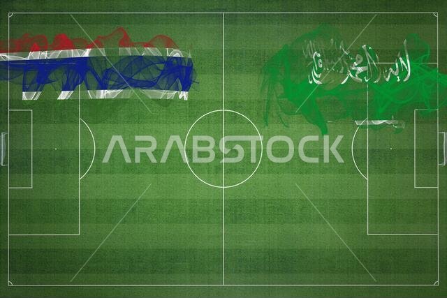 Gambia vs Saudi Arabia Soccer Match, national colors, national flags, soccer field, football game, Competition concept, Copy space