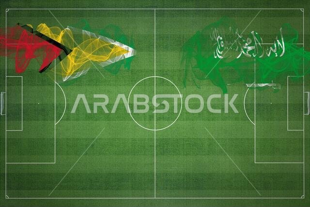 Guyana vs Saudi Arabia Soccer Match, national colors, national flags, soccer field, football game, Competition concept, Copy space