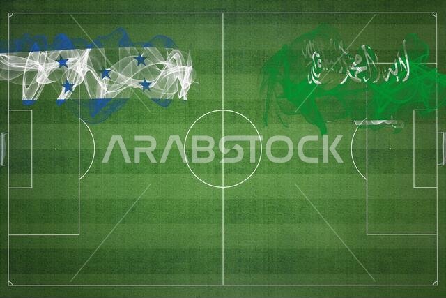 مباراة كرة القدم بين هندوراس والسعودية، ألوان العلم الوطني، أعلام الدول، ملعب كرة قدم، مباراة كرة قدم، مفهوم المنافسة، مساحة فارغة