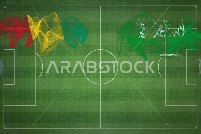 Guinea vs Saudi Arabia Soccer Match, national colors, national flags, soccer field, football game, Competition concept, Copy space