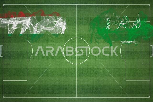 Hungary vs Saudi Arabia Soccer Match, national colors, national flags, soccer field, football game, Competition concept, Copy space