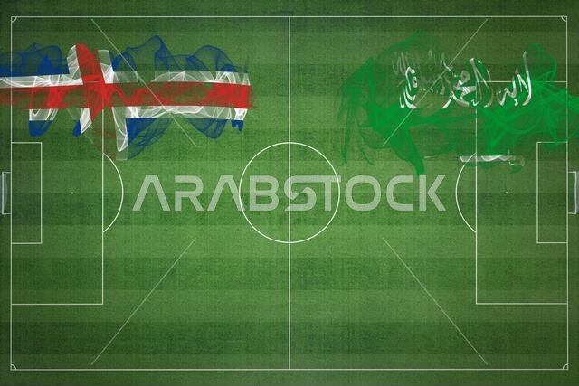 مباراة كرة قدم بين أيسلندا والسعودية، ألوان العلم الوطني، أعلام الدول، ملعب كرة قدم، مباراة كرة قدم، مفهوم المنافسة، مساحة فارغة