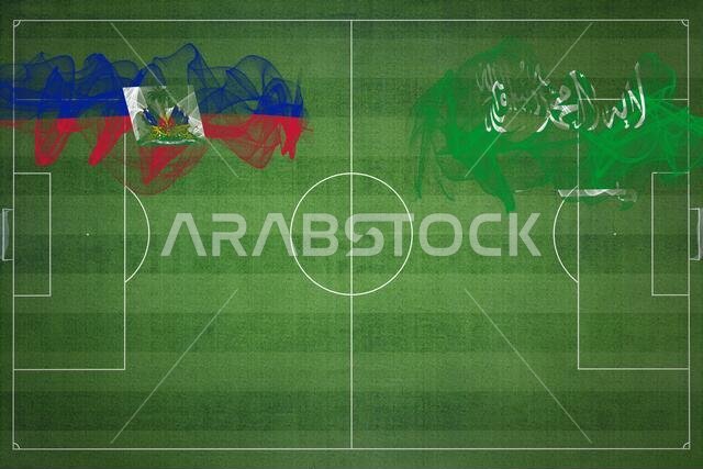 Haiti vs Saudi Arabia Soccer Match, national colors, national flags, soccer field, football game, Competition concept, Copy space