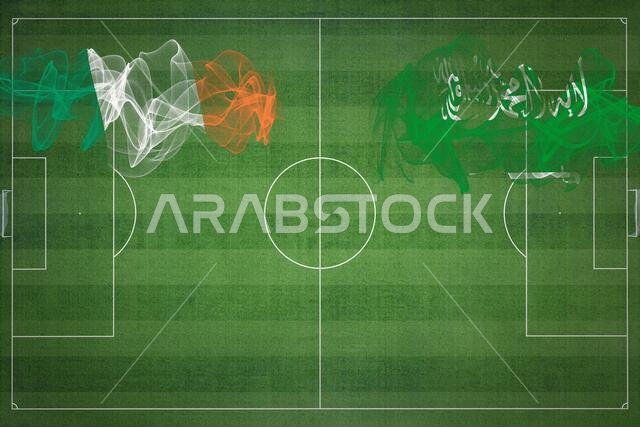 Ireland vs Saudi Arabia Soccer Match, national colors, national flags, soccer field, football game, Competition concept, Copy space