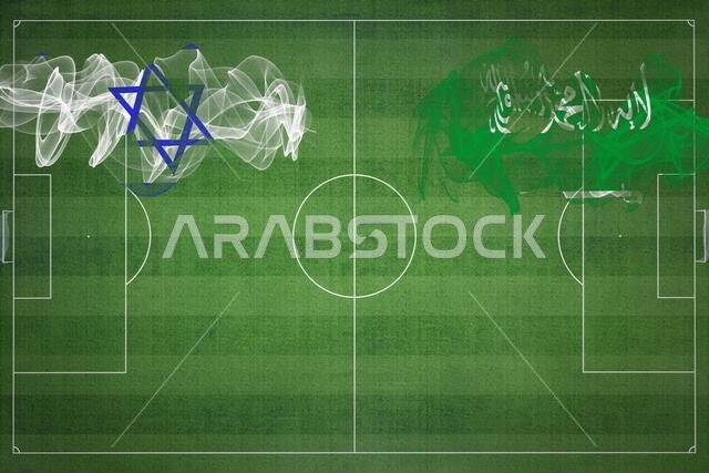 Israel vs Saudi Arabia Soccer Match, national colors, national flags, soccer field, football game, Competition concept, Copy space