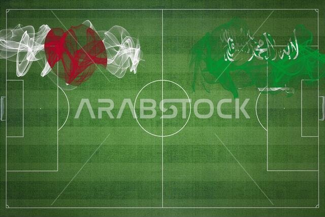Japan vs Saudi Arabia Soccer Match, national colors, national flags, soccer field, football game, Competition concept, Copy space