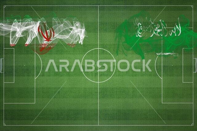 Iran vs Saudi Arabia Soccer Match, national colors, national flags, soccer field, football game, Competition concept, Copy space